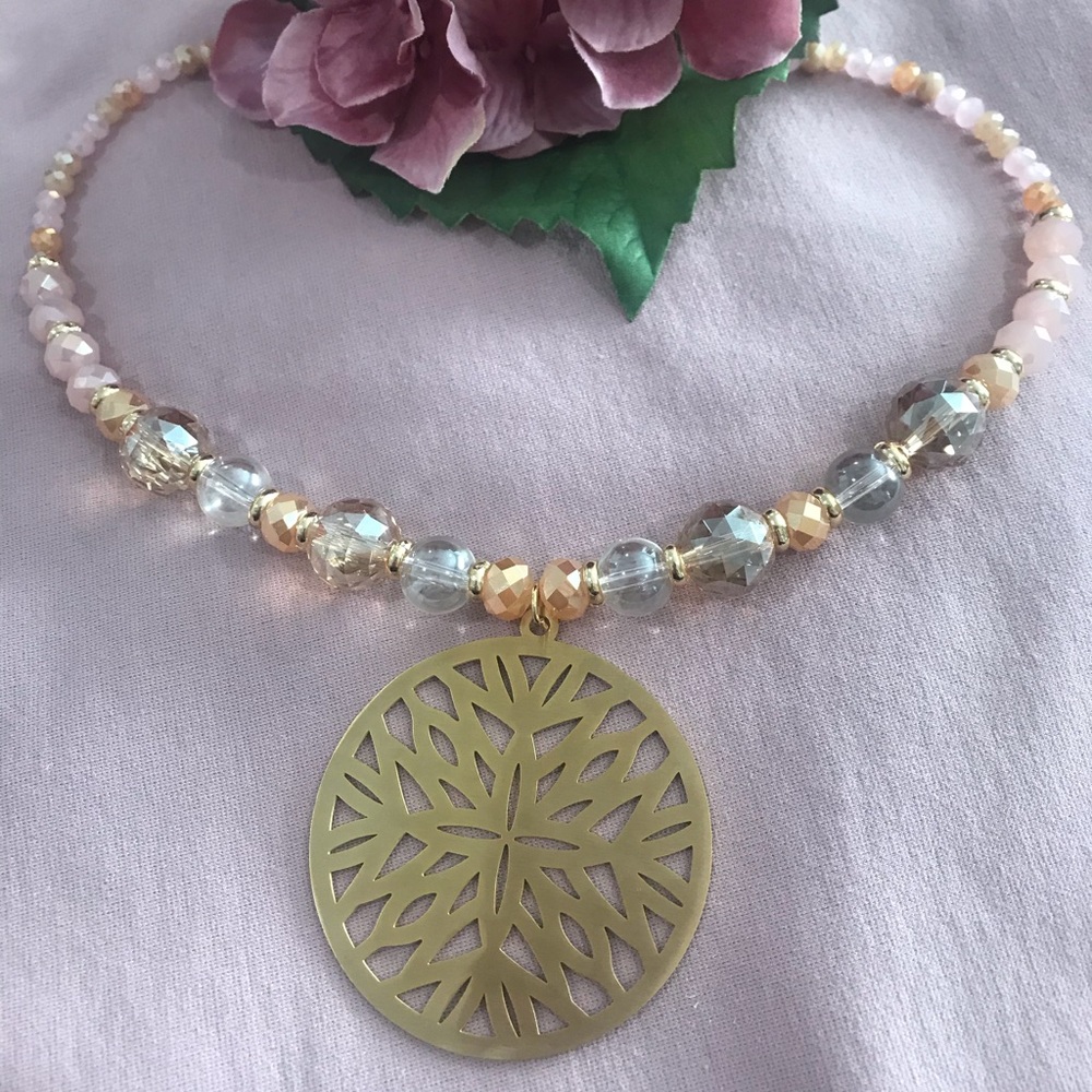 HANDMADE Amber/pink/Charm Gold Plated Necklace